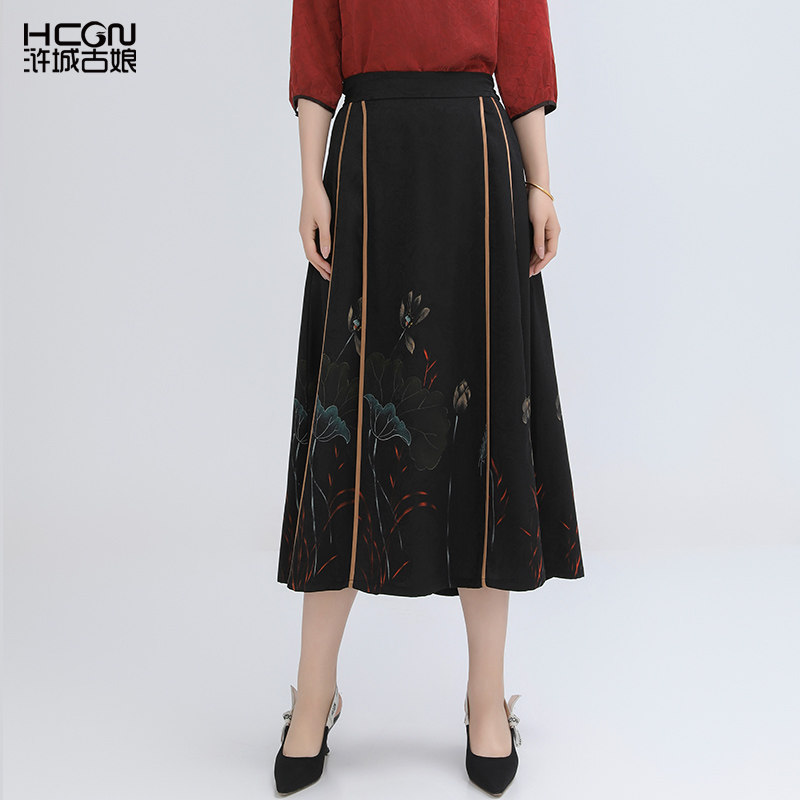 【轻薄款】新款印花高腰A字压褶半身裙新中式国风马面裙女款春秋