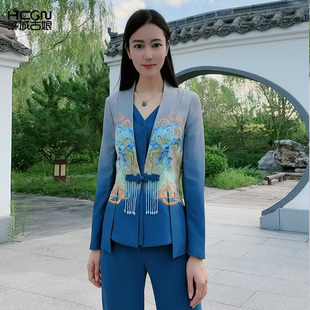 女春季 国风两件套装 刺绣渐变色气质职业西服新中式 浒城古娘新款