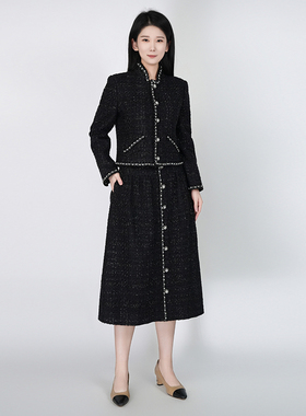 小香风黑色粗花呢连衣裙女中长款金属扣装饰高级感千金风