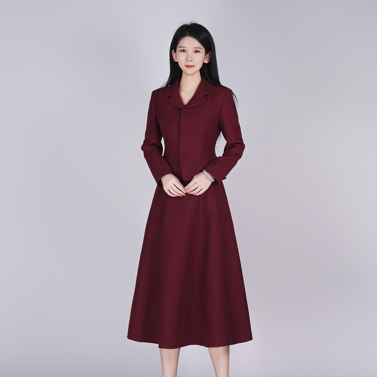 浒城古娘新款羊毛桑蚕丝气质通勤长袖西服新中式国风套装裙女春秋