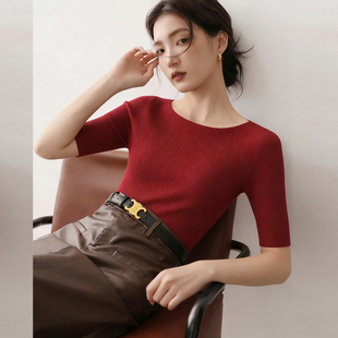 知性优雅日常居家百搭短袖 中式 羊毛桑蚕丝女针织上衣 拍一发二