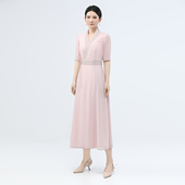 浒城古娘新款 复古气质优雅收腰粉色仙女长裙新中式 国风连衣裙女夏