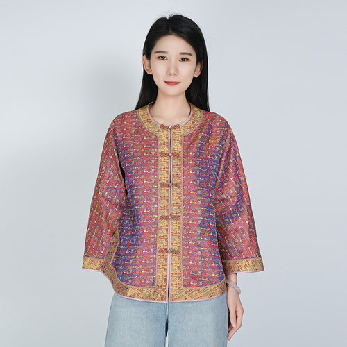 中国风桑蚕丝宽松外套手工盘扣圆领舒适气质女士百搭重工宽松上衣