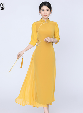 浒城古娘新款醋酸奥黛气质两件套装新中式国风改良旗袍连衣裙女夏