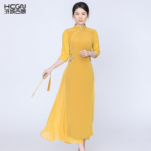 浒城古娘新款醋酸奥黛气质两件套装新中式国风改良旗袍连衣裙女夏