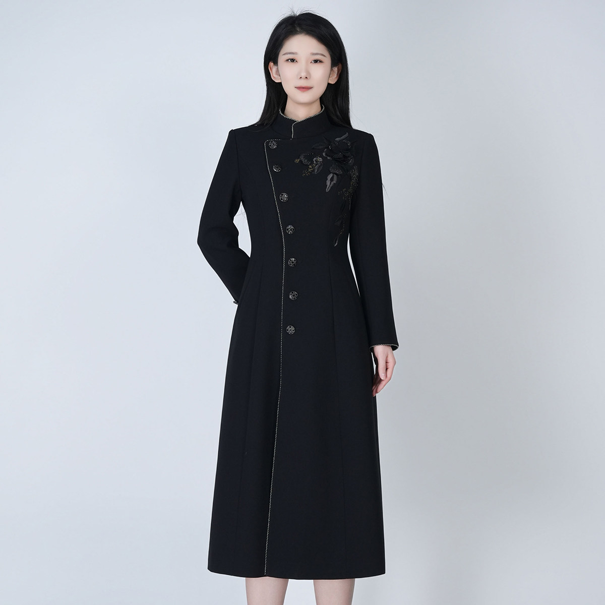 浒城古娘新款刺绣气质通勤立领长袖新中式国风战袍连衣裙女款春秋,女装/女士精品,连衣裙,淘宝优惠券,粉丝福利购,淘宝优惠卷