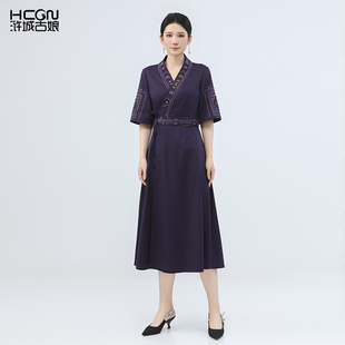 绵羊毛中式 连衣裙 夏季 显瘦气质刺绣花长裙女士收腰系带通勤中长款