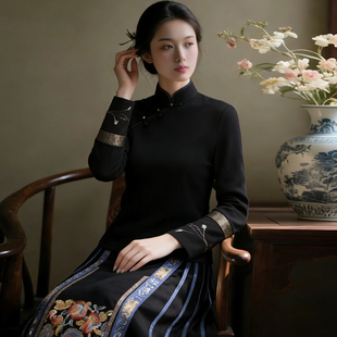 浒城古娘中式国风棉质女士百搭时尚长袖T恤立领舒适显瘦中式上衣