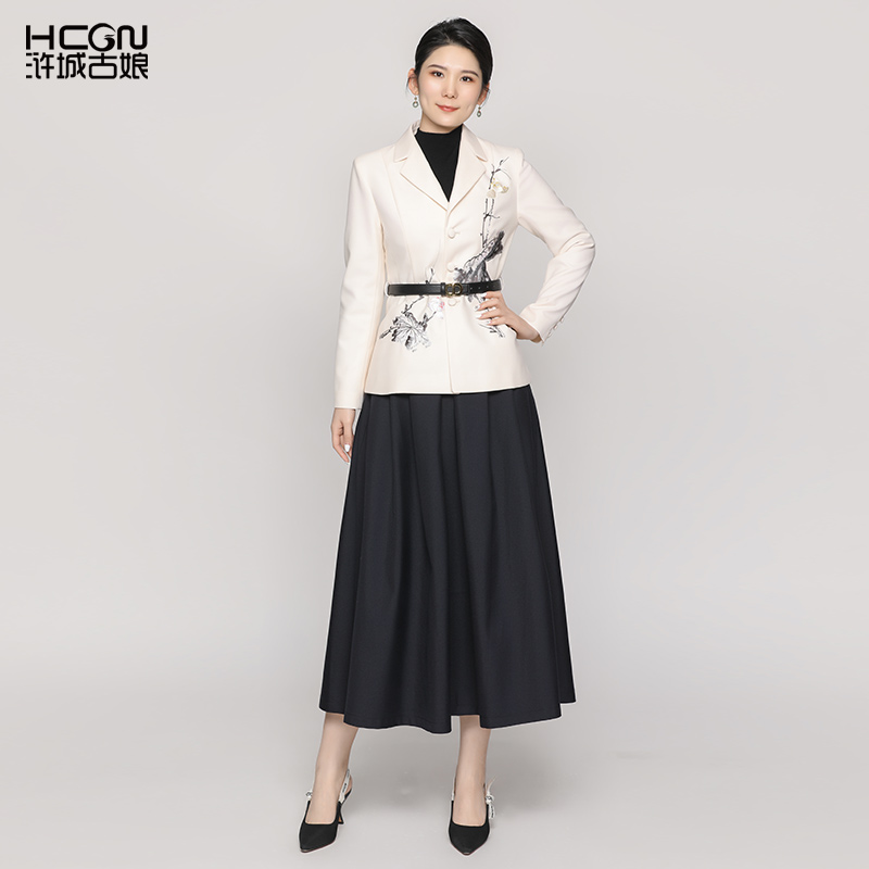 绵羊毛刺绣长袖V领职业气质套装