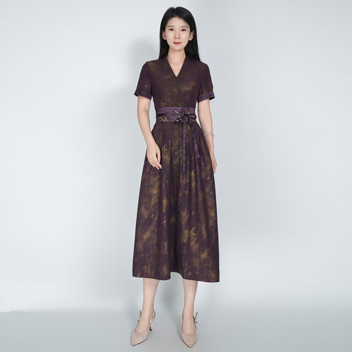 浒城古娘新款桑蚕丝时尚气质优雅收腰长款新中式国风连衣裙女夏季