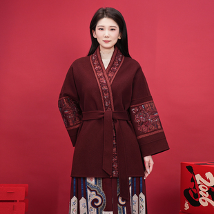 浒城古娘新款苗绣刺绣气质宽松新中式国风双面呢大衣外套女款春秋