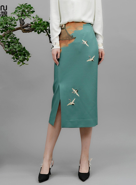 中国风秋季复古刺绣印花气质腰显瘦时尚百搭中长款瑞和女士直筒裙