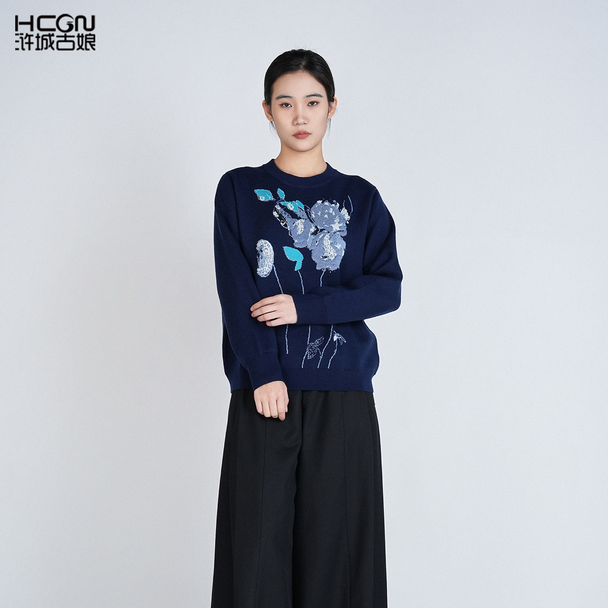 中国风绵羊毛圆领长袖舒适短款减龄气质提花毛衫蓝色显白女士上衣,女装/女士精品,毛针织衫,淘宝优惠券,粉丝福利购,淘宝优惠卷