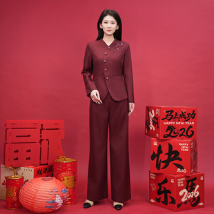 浒城古娘中国风西服羊毛女气质小V领精致刺绣花职业中式 通勤套装