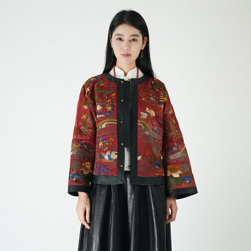 浒城古娘新款羊皮重工刺绣宽松圆领长袖新中式国风上衣外套女春秋