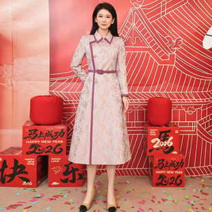 【大师系列-钱小萍宋锦】中式女修身精致设计水萍座战袍连衣裙