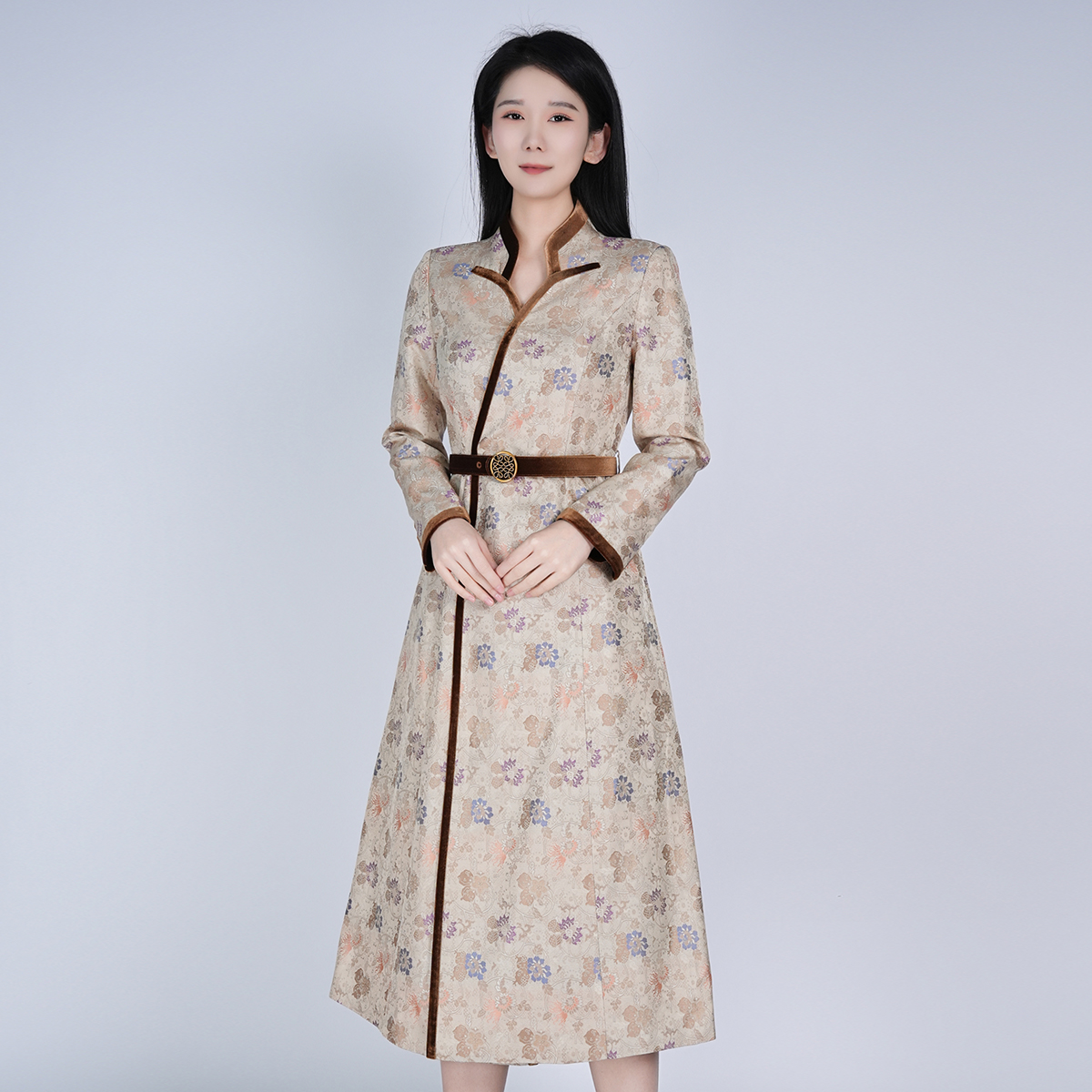 【桑蚕丝】中式新款高定百搭修身宋锦中长女士战袍立领收腰连衣裙