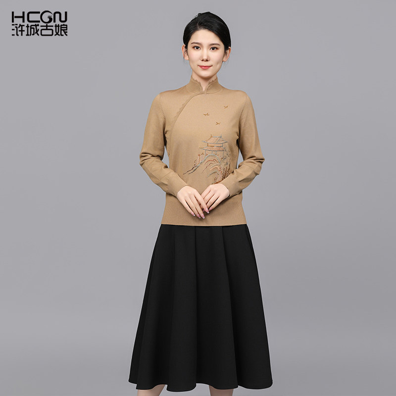 国风刺绣柔软舒适绵羊毛毛衫上衣