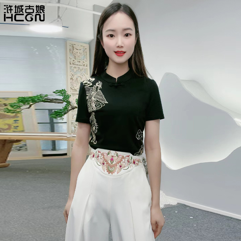 浒城古娘新款精致刺绣气质时尚百搭祥凤短袖中式国风T恤上衣女夏
