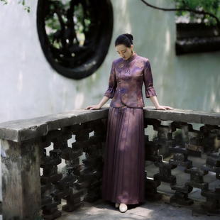 女春夏 国风香云纱套装 浒城古娘新款 桑蚕丝立领气质重工压褶新中式