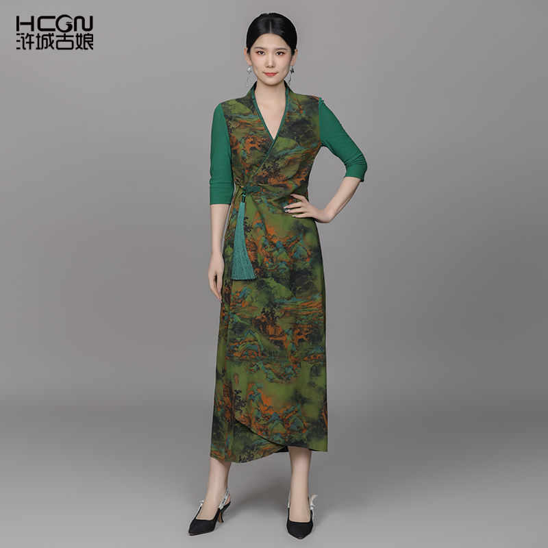 中式偏襟修身经典香云纱连衣裙