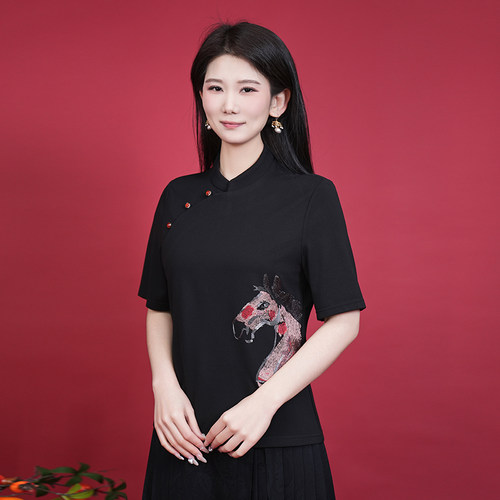 浒城古娘马年新款罗马棉刺绣立领百搭短袖新中式国风T恤上衣女夏