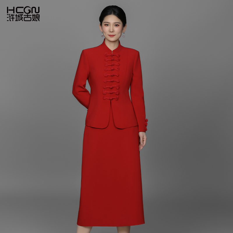中式春秋手工盘扣修身显瘦高定时尚气质长袖立领职业西服女士套装