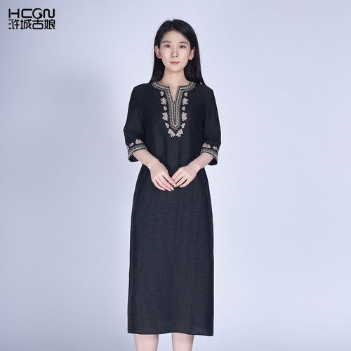 浒城古娘新款精致刺绣复古桑蚕丝气质V领新中式国风连衣裙女夏季