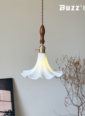 小吊灯法式中古风卧室床头吊线灯陶瓷木槿花朵餐厅吧台灯中山灯具