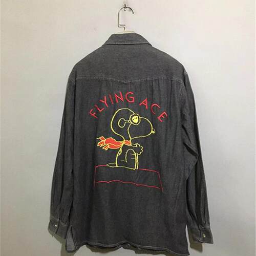 【上新价¥168】vintage  美国古着SNOOPY卡通刺绣深灰色衬衫