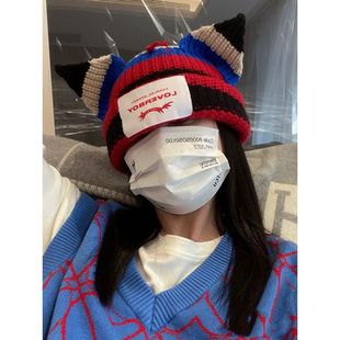 针织情侣毛线帽Loverboy保暖猪猪猫耳朵抖音网红冷帽可爱冬女送礼