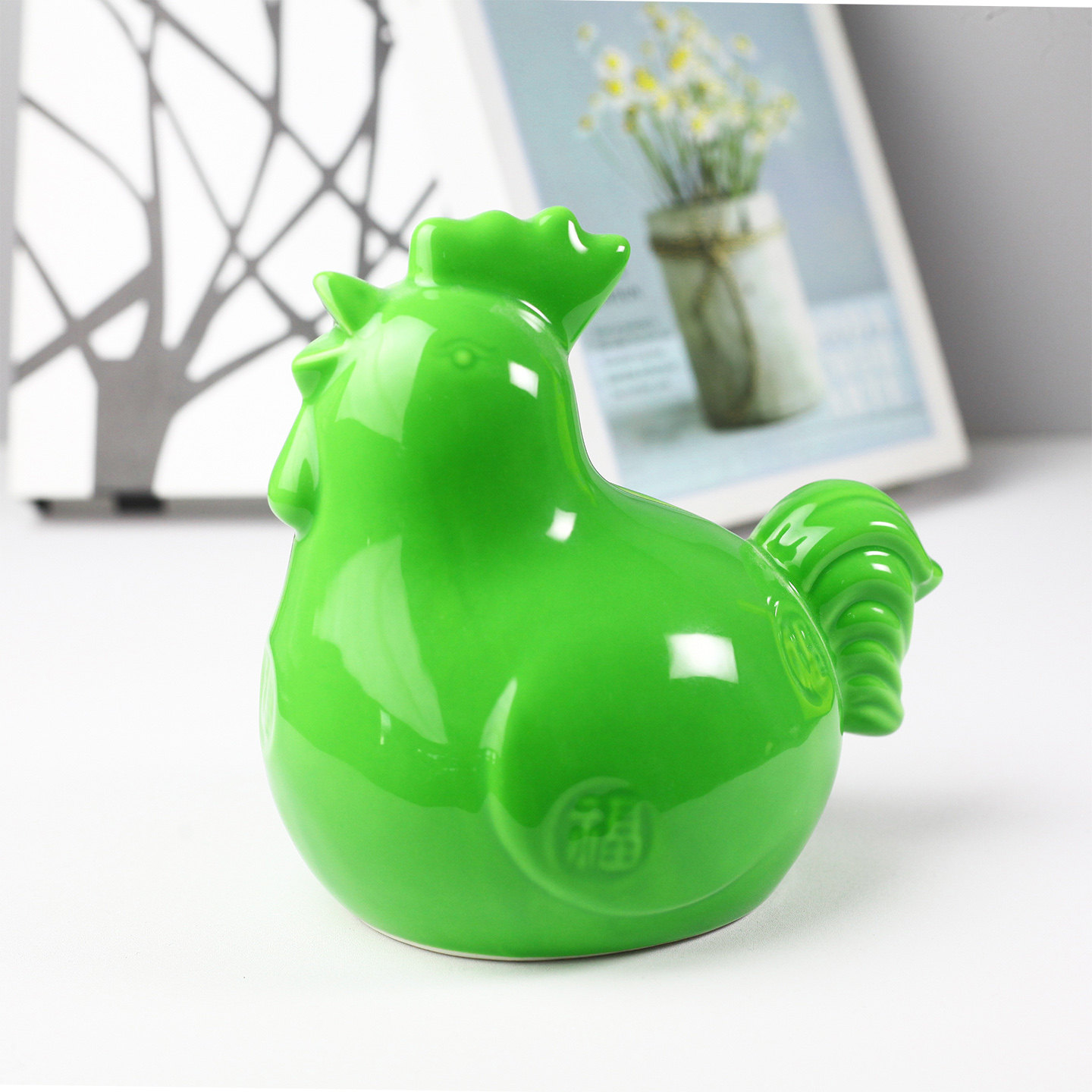 绿色陶瓷公鸡摆件家居装饰品工装风创意桌面工艺品儿童礼品小摆件