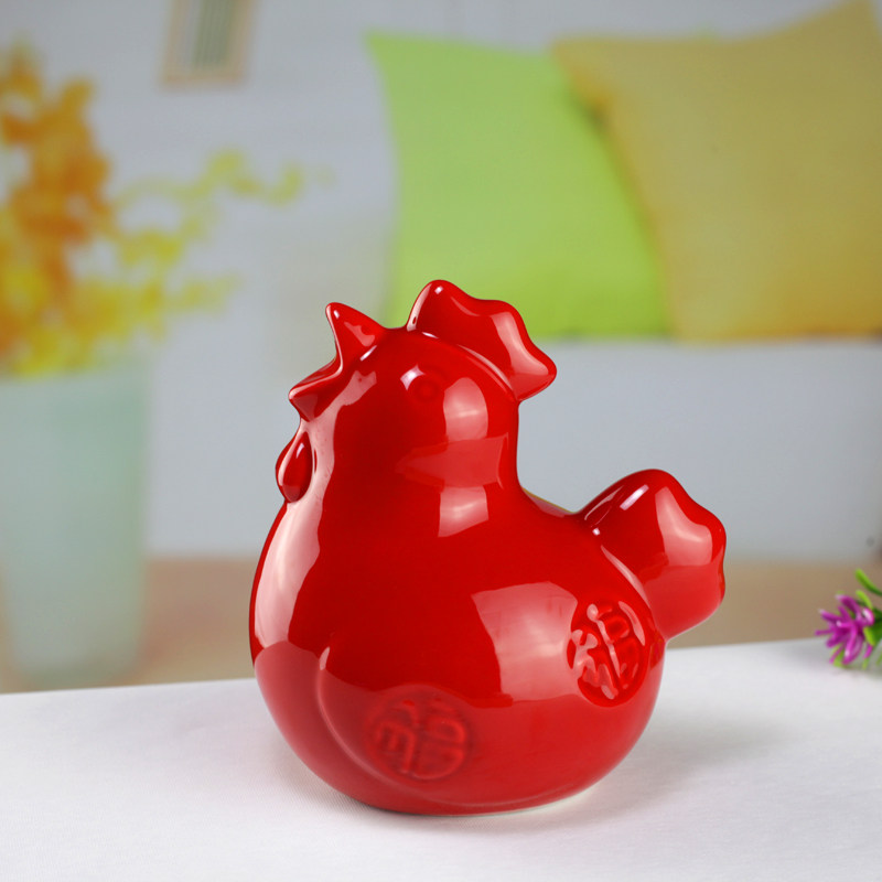 红色公鸡小摆件陶瓷玄关办公家居摆设品小创意客厅书架摆件装饰品