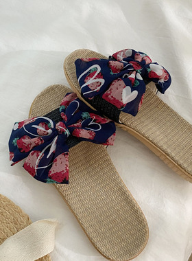 小众色系~！草莓雪纺夏季蝴蝶结防滑室内居家用吸汗亚麻凉拖鞋女