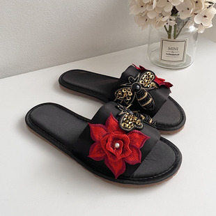 H.家 重工串珠质感拉满居家用室内布凉拖鞋女缎面高级感春夏季