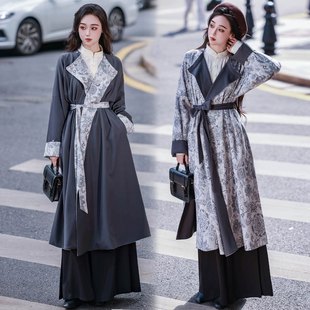 拟梦秋雨 素国风衬衫 松紧宋裤 原创国风复古黑灰 双面穿圆领袍汉元