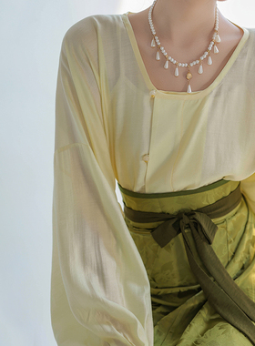 拟梦青釉染 原创唐制改良圆领衫破裙日常通勤汉服粉蓝提花纯色