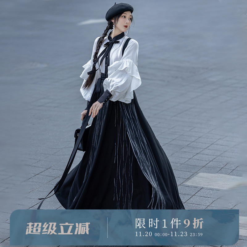 拟梦荷叶边背带新中式日常汉服