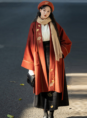 拟梦国风原创一叶秋宋制日常汉服银杏刺绣秋冬毛呢褙子过年红色女