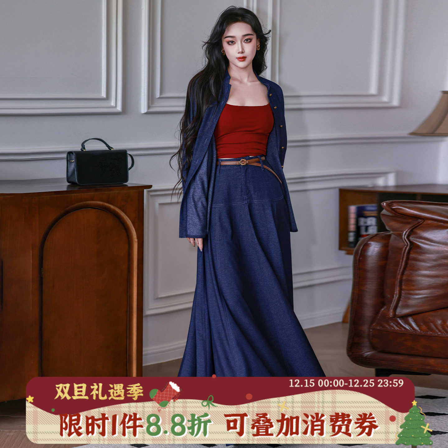 拟梦【风的季节】 原创港风牛仔色深蓝新中式衬衫大摆半裙套装