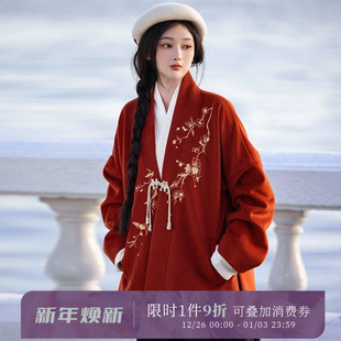 拟梦倚梅香国风原创日常汉服秋冬款 外套小个子红色新年战袍 飞机袖