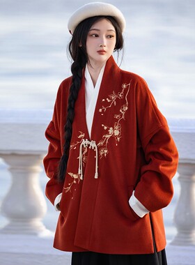 拟梦倚梅香国风原创日常汉服秋冬款飞机袖外套小个子红色新年战袍