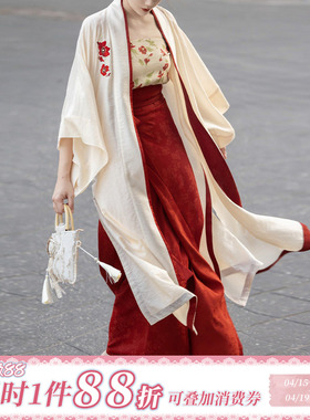 拟梦花间酒原创国风宋制旋裙三件套长干寺日常汉服红色晨袍现货夏