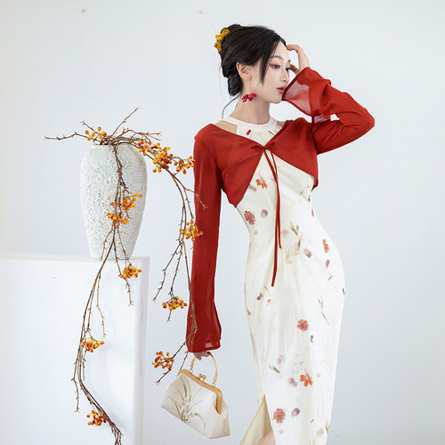 拟梦新中式削肩红色碎花连衣裙