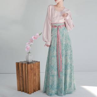 拟梦青釉染 破裙日常通勤汉服粉蓝提花纯色 原创唐制改良圆领衫