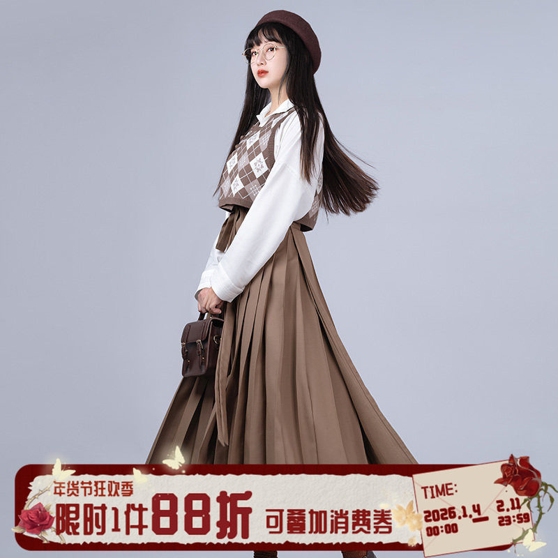 拟梦优等生系列一片式纯色褶裙日常汉服学院风汉元素中长百褶裙冬,女装/女士精品,汉服半身裙,淘宝优惠券,粉丝福利购,淘宝优惠卷