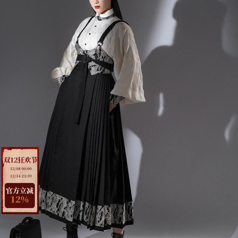 拟梦国风原创无人区明制改良日常汉服外套秋冬黑色腰封口袋马面裙