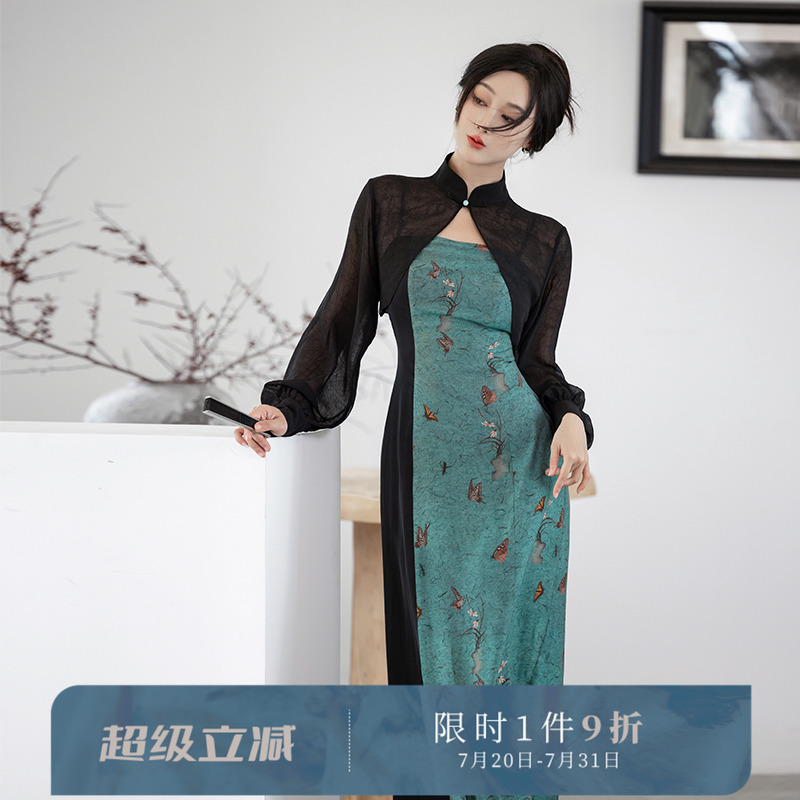 拟梦新中式香云纱复古旗袍连衣裙