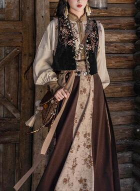 拟梦塞上曲 改良唐背子间色大摆破裙刺绣立领衬衫民族风异域风