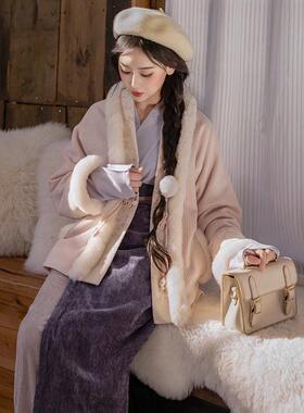 拟梦妙妙 改良飞机袖宋制旋裙针织秋冬加绒粉紫原创汉服日常